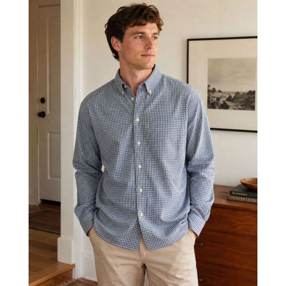 LL BEAN Men's Blue Check Grid Wrinkle Resistant Casual Button Shirt L-Tall VTG